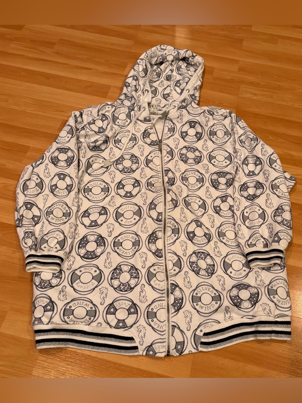 Pacific Cove Vintage Hooded Zip-Up Sweatshirt with Navy Life Ring Print